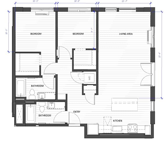 A floor plan of a house with two bedrooms, two bathrooms, a living area, an entry, a kitchen, and a wood-burning stove.