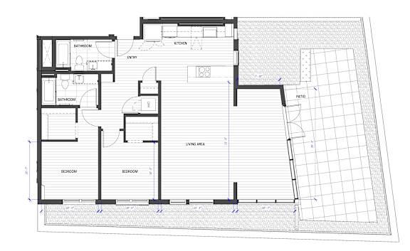 A floor plan of a house with labeled rooms such as Bathroom, Kitchen, Living Area, and Bedrooms.
