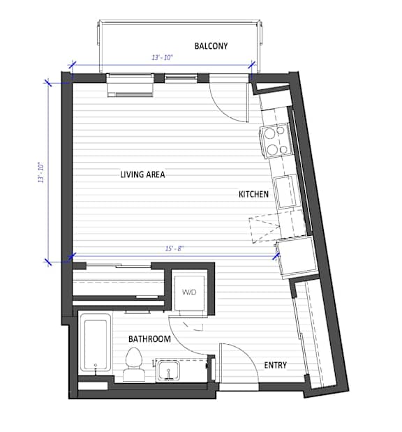 A floor plan of a house with a living area, kitchen, bathroom, and balcony.
