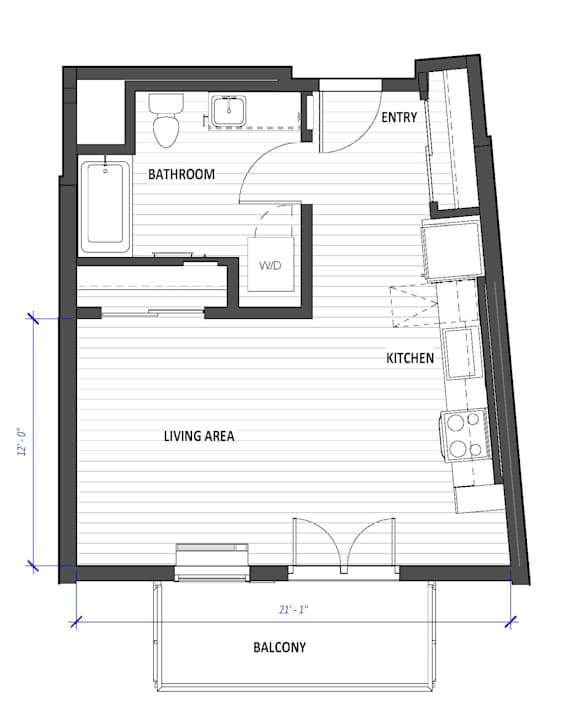 A floor plan of a house with a living area, kitchen, bathroom, and balcony.