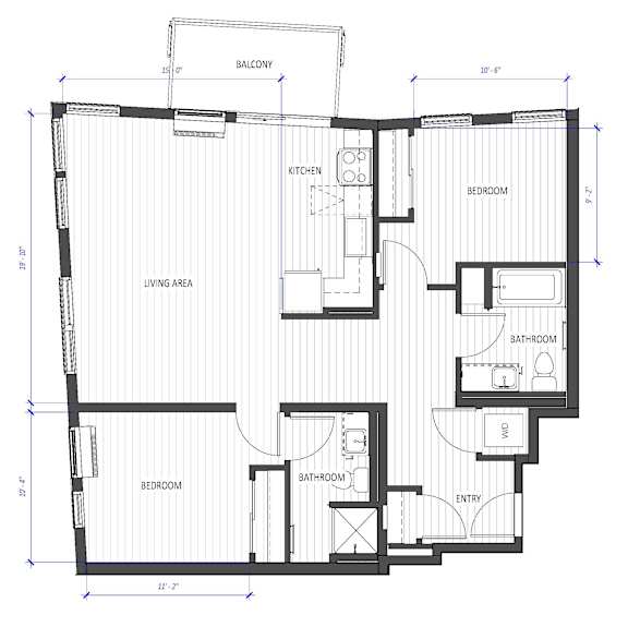 A floor plan of a house with a living area, kitchen, and three bedrooms.