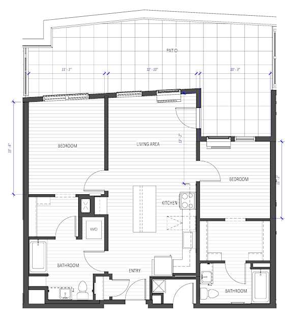 A floor plan of a house with labeled rooms such as bedroom, living area, kitchen, and bathroom.