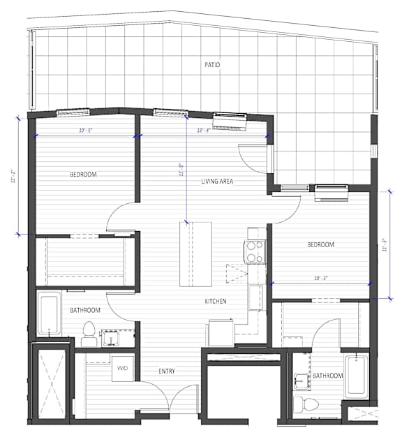 A floor plan of a house with labeled rooms such as bedroom, bathroom, and kitchen.