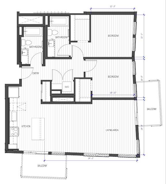 A floor plan of a house with labeled rooms such as bedroom, bathroom, and kitchen.