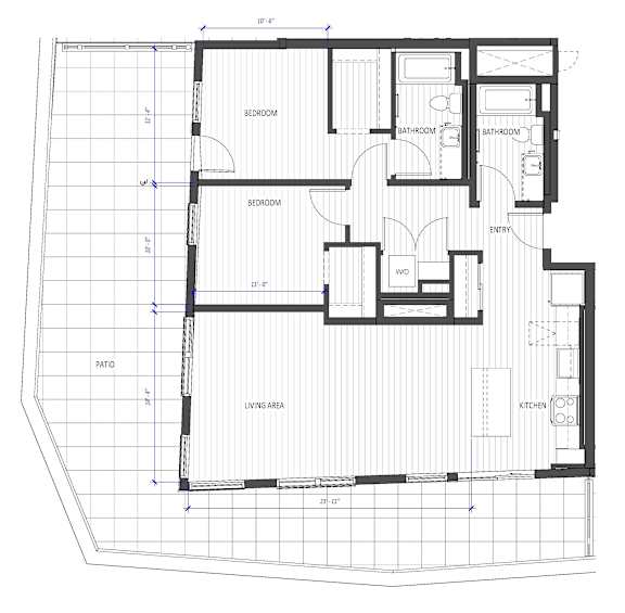 A floor plan of a house with labeled rooms such as bedrooms, bathrooms, a living area, a kitchen, and a patio.