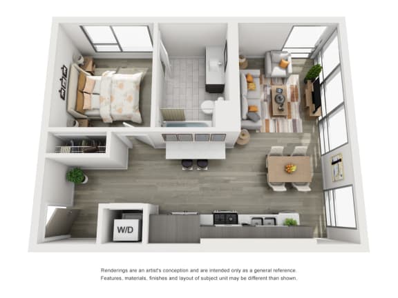 Floor Plan  a 3d rendering of our 1 bedroom apartment at the crossings at white marsh apartments in white