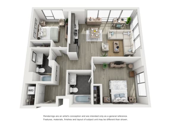 a 3d floor plan of a 2100 sq. ft. apartment
