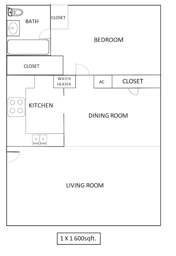 A drawing of a living space with a kitchen, dining room, and bedroom.