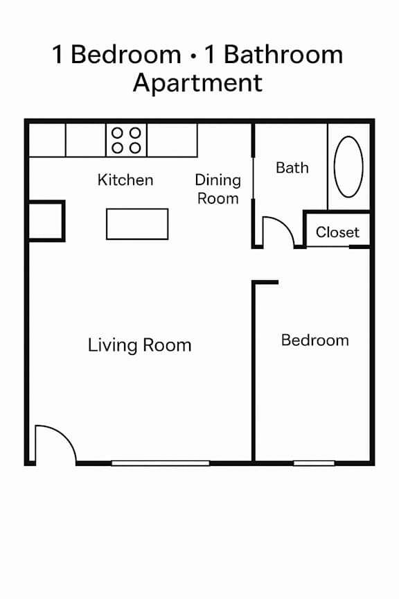 A floor plan of a 1 bedroom, 1 bathroom apartment.