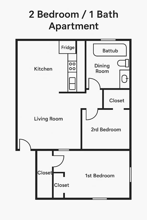 A black and white diagram of a 2 bedroom apartment with 1 bath.