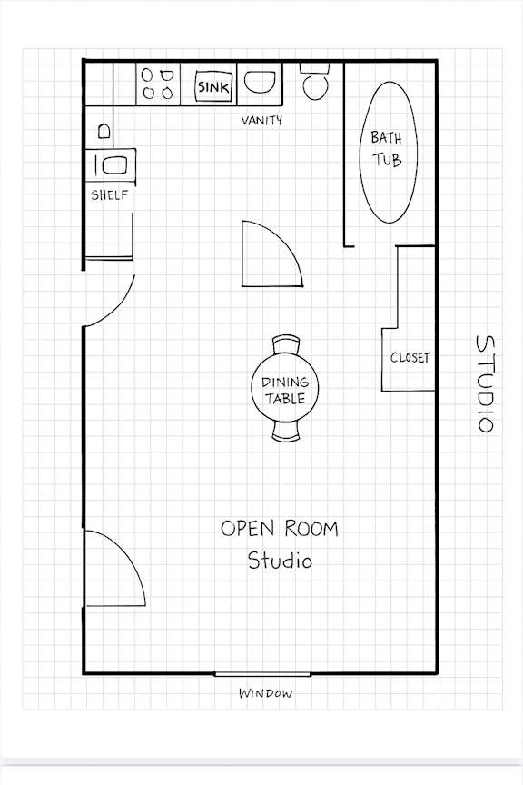 A floor plan of a studio apartment with an open room and a study.