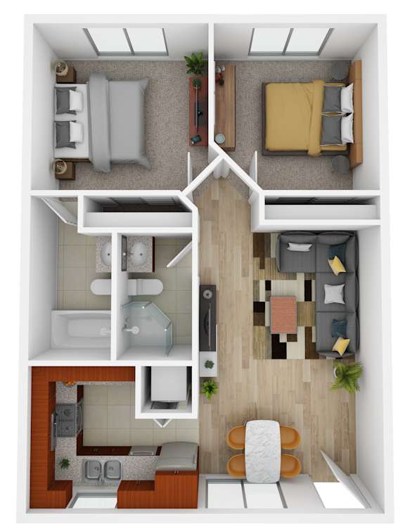 A 3D floor plan of a small apartment with a kitchen, living room, and two bedrooms.