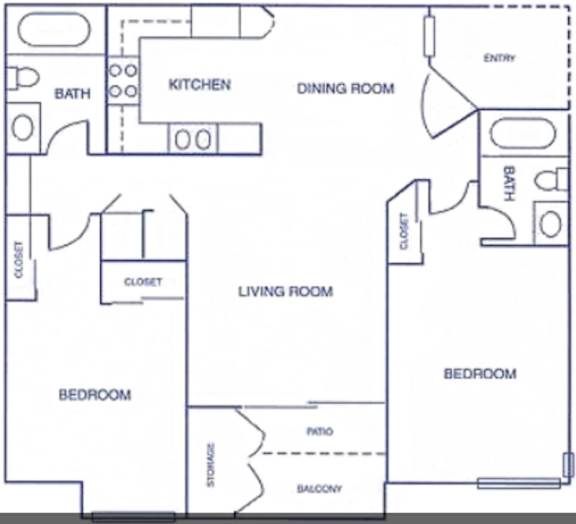 A floor plan of a house with a living room, dining room, kitchen, and two bedrooms.