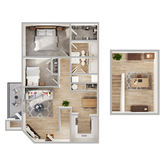 a 3d rendering of a bedroom and a floor plan of a house