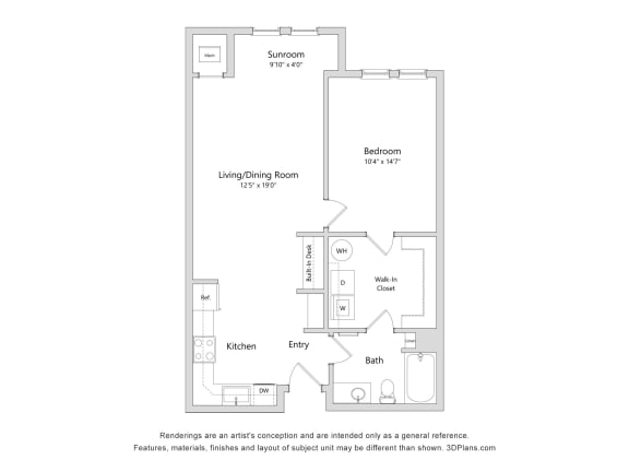 a floor plan of a residence with a bedroom and a living room