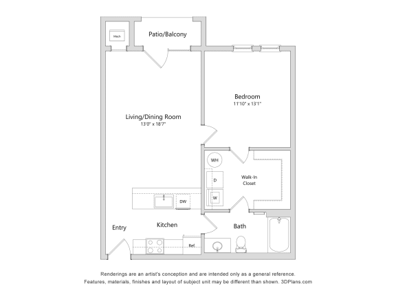 a floor plan of a studio apartment with a bedroom and a living room