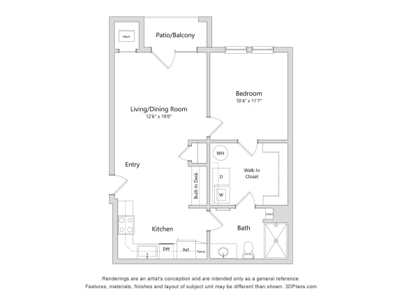 a floor plan of a studio apartment with a bedroom and a living room