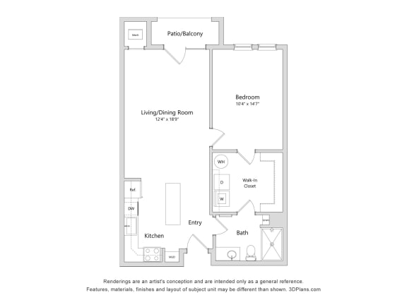 a floor plan of a residence with a bedroom and a living room