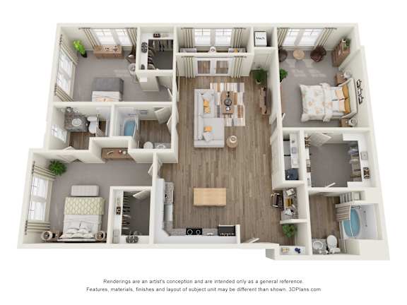 A 3D floor plan of a house with a kitchen, living room, and two bedrooms.