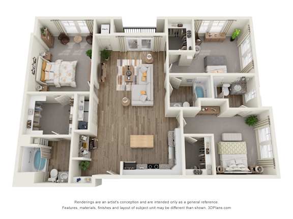 A 3D floor plan of a house with a kitchen, living room, and bedrooms.