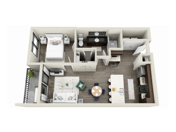 a stylized floor plan of a 1 bedroom apartment