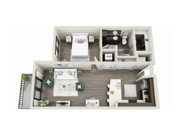 a stylized floor plan of a 1 bedroom apartment