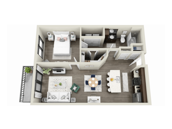 a stylized floor plan of a 1 bedroom apartment