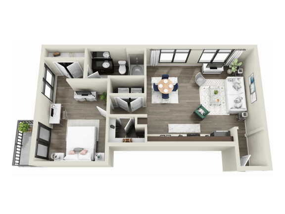 a stylized floor plan of a 1 bedroom apartment