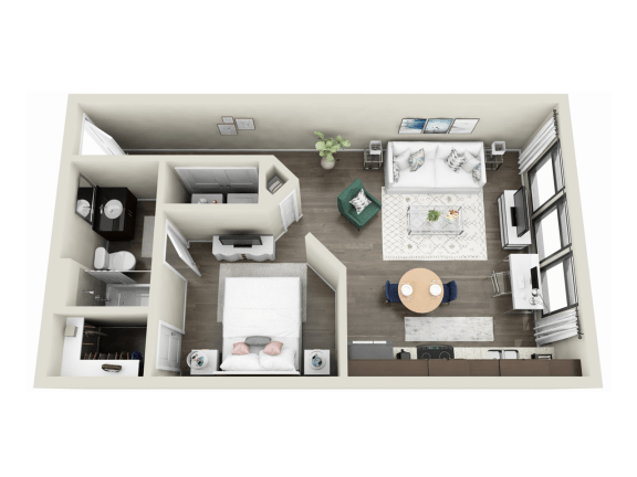 a 3d rendering of a bedroom with a living room