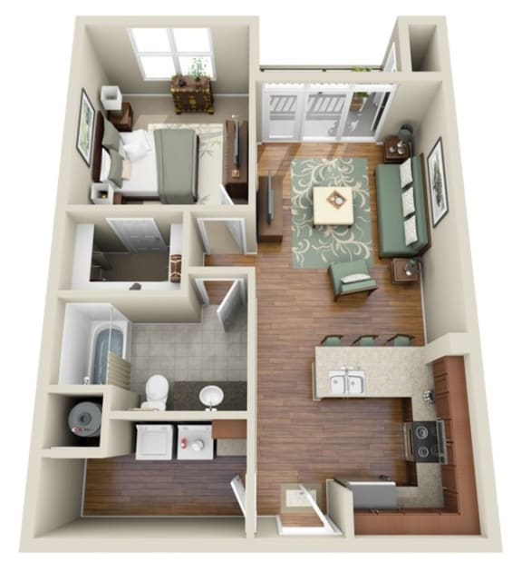 a bedroom with a bed and a chair in a room