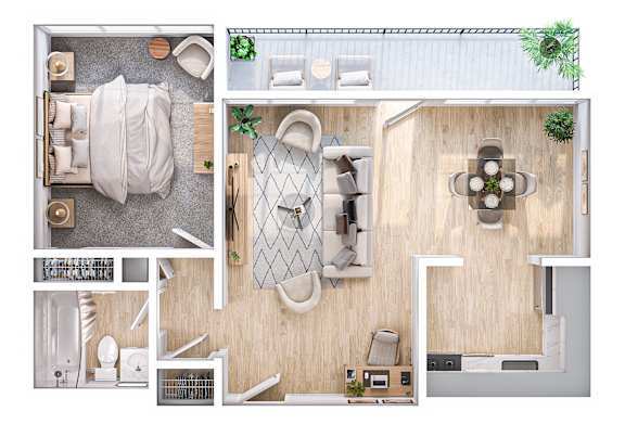A top-down view of a small apartment with a bedroom, living room, kitchen, and bathroom.