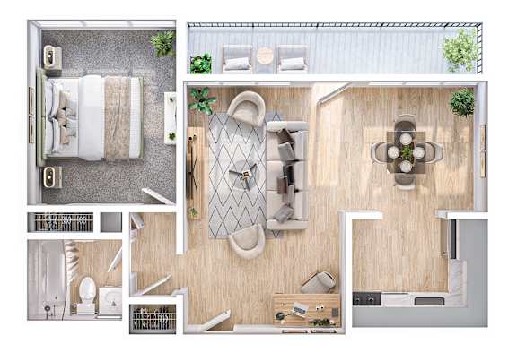 A top-down view of a house layout with a living room, dining area, kitchen, and bathroom.