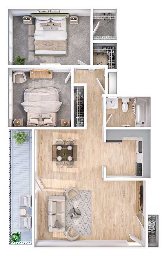 A top-down view of a small apartment layout with a bedroom, living room, and kitchen.