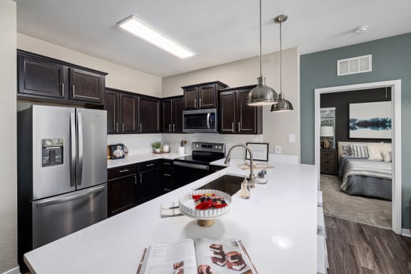 Kitchen View with countertop and stainless steel appliances