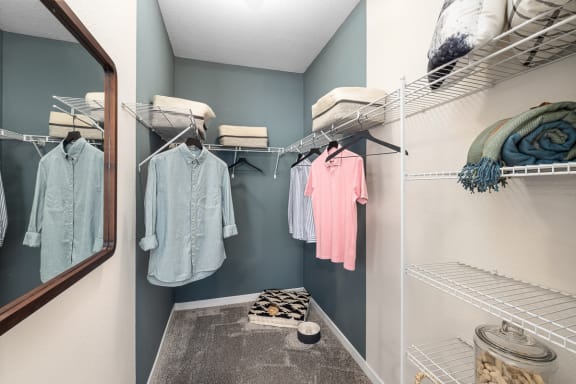 a walk in closet with ample storage
