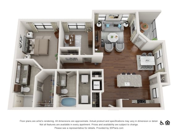 a 3d floor plan of a 1 bedroom apartment