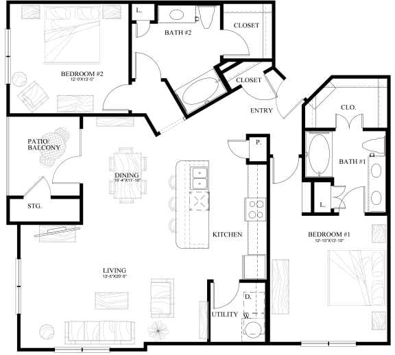 B2D 2 BD 2 Bath 1373 sqft