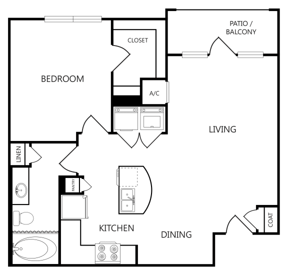 Black and white Parc at Mansfield floorplan for the A1A 1 bed 1 bath unit