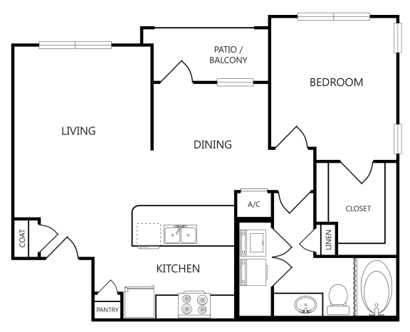 Black and white Parc at Mansfield floorplan for the A1B 1 bed 1 bath unit