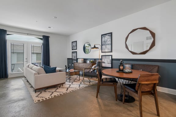 Furnished Living room with cleaned brown concrete floor