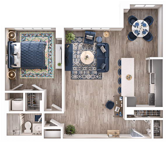 A top-down view of a living room with a blue and white color scheme.