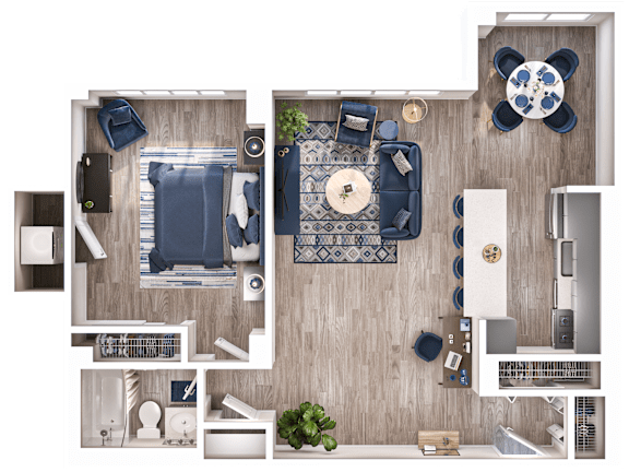 A top-down view of a room with a blue and white color scheme.