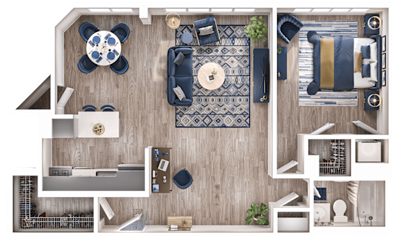 A top-down view of a living room with a couch, coffee table, and rug.