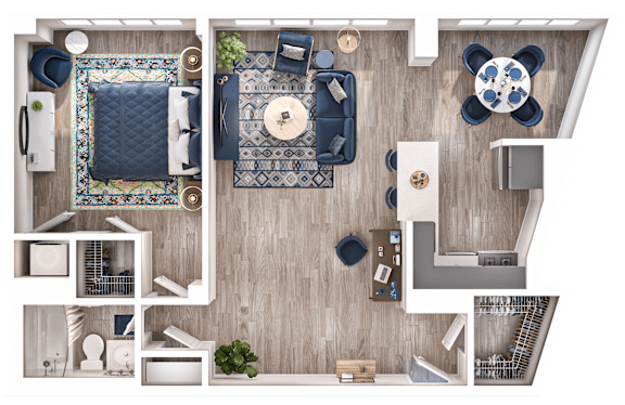 A top-down view of a well-organized room with a dining area, kitchen, and living room.