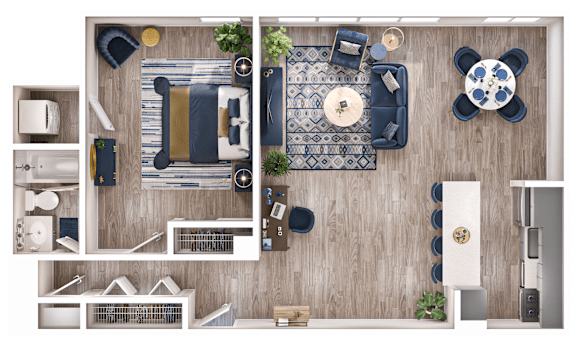 A top-down view of a room with a couch, chairs, a dining table, and a potted plant.