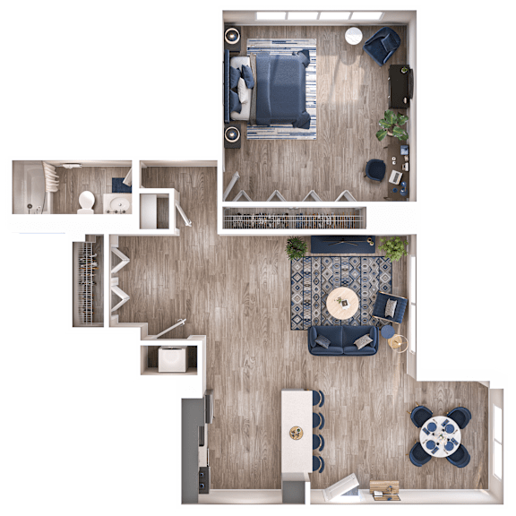A top-down view of a living room with a couch, a coffee table, and a rug.