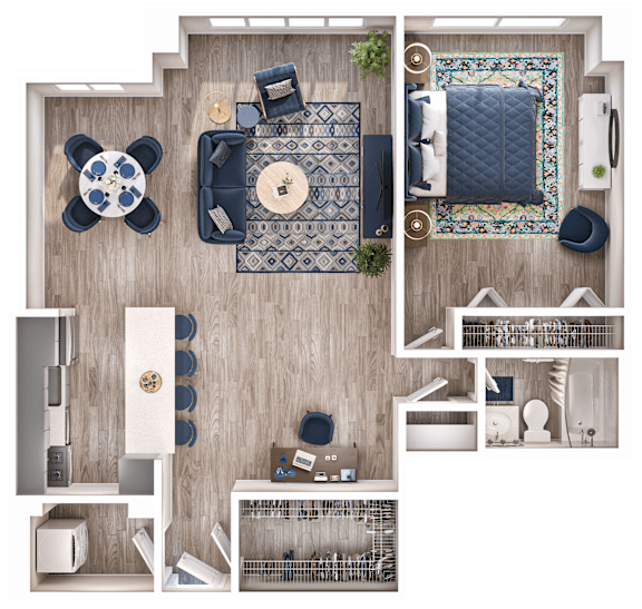 A top-down view of a room with a dining table, couch, and a rug.