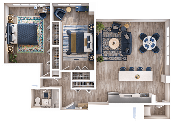 A top-down view of a room layout with furniture and decor.