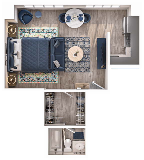 A top-down view of a room layout with a couch, chairs, a coffee table, and a rug.