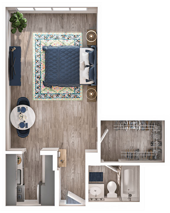 A top-down view of a bathroom with a toilet, sink, and a rug.